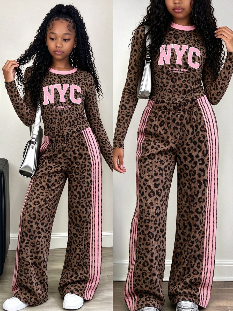 Tween Girls 2 Pcs NYC Leopard Print Crew Neck Long Sleeve T-Shirt & Wide Leg Pants Set, Fall Outfits - Multicolor - View 1