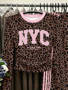 Tween Girls 2 Pcs NYC Leopard Print Crew Neck Long Sleeve T-Shirt & Wide Leg Pants Set, Fall Outfits - Multicolor - View 5