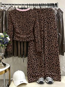 Tween Girls 2 Pcs NYC Leopard Print Crew Neck Long Sleeve T-Shirt & Wide Leg Pants Set, Fall Outfits - Multicolor - View 2