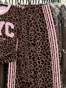 Tween Girls 2 Pcs NYC Leopard Print Crew Neck Long Sleeve T-Shirt & Wide Leg Pants Set, Fall Outfits - Multicolor - View 6