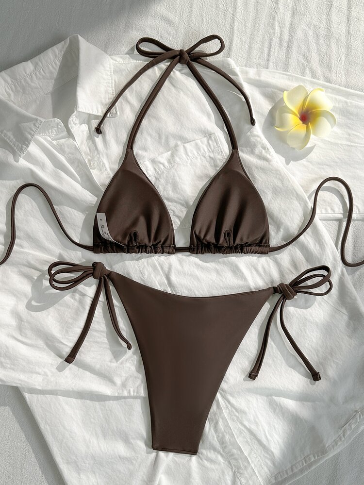 SHEIN Swim Solid Color Triangle Cup Halter Bikini Set, Tie-Up Low Waist Swimwear, Backless Tankini, Suitable For Beach Party, Hot Spring Black Sexy Summer - Coffee Brown - View 2