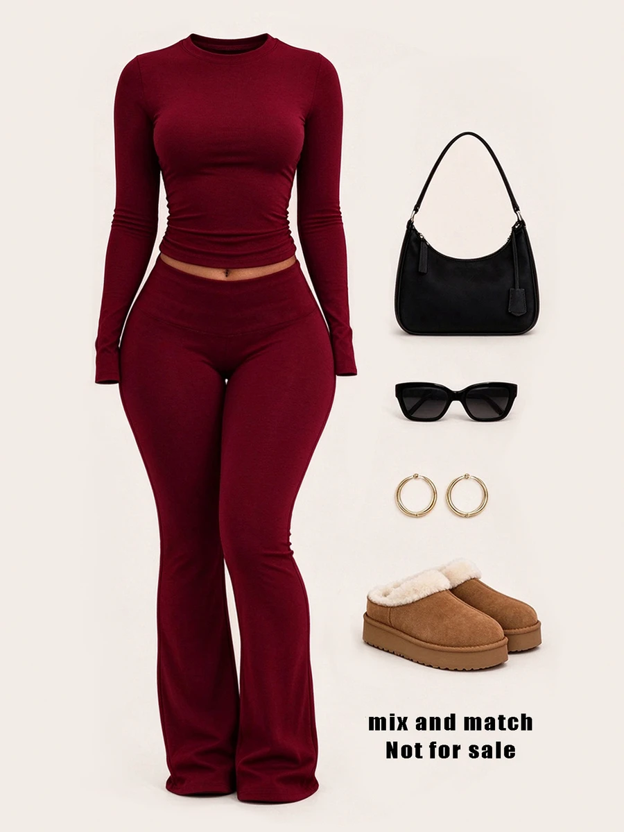 INAWLY Solva Women's Solid Color Long Sleeve Top And Pants Casual Daily 2 Pieces Set - Burgundy - View 1