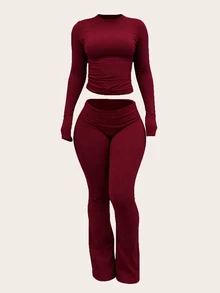 INAWLY Solva Women's Solid Color Long Sleeve Top And Pants Casual Daily 2 Pieces Set - Burgundy - View 2