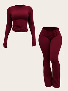 INAWLY Solva Women's Solid Color Long Sleeve Top And Pants Casual Daily 2 Pieces Set - Burgundy - View 4