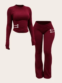 INAWLY Solva Women's Solid Color Long Sleeve Top And Pants Casual Daily 2 Pieces Set - Burgundy - View 3