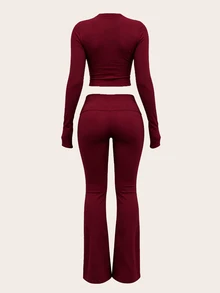 INAWLY Solva Women's Solid Color Long Sleeve Top And Pants Casual Daily 2 Pieces Set - Burgundy - View 5