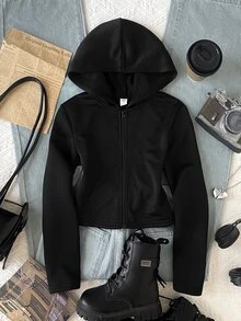 SHEIN Tween Girls Autumn/Winter Casual Street Fashion Slim Fit Cropped Sweatshirt Jacket With Back English Rhinestone Decor, Front Zipper Opening, Suitable For Back To School, Daily Wear, Halloween - Black - View 2