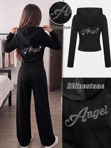 SHEIN Tween Girls Autumn/Winter Casual Street Fashion Slim Fit Cropped Sweatshirt Jacket With Back English Rhinestone Decor, Front Zipper Opening, Suitable For Back To School, Daily Wear, Halloween - Black - View 1
