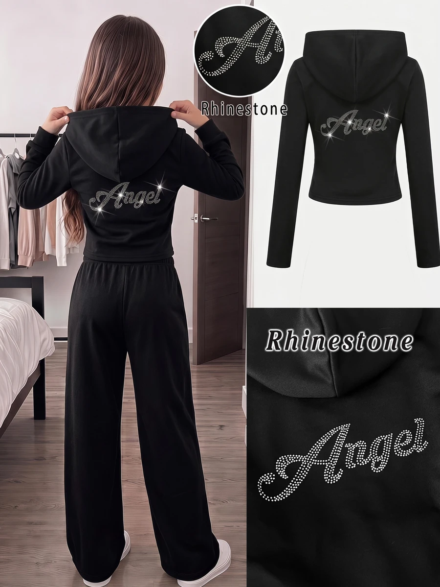 SHEIN Tween Girls Autumn/Winter Casual Street Fashion Slim Fit Cropped Sweatshirt Jacket With Back English Rhinestone Decor, Front Zipper Opening, Suitable For Back To School, Daily Wear, Halloween - Black - View 1