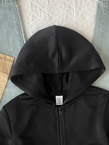 SHEIN Tween Girls Autumn/Winter Casual Street Fashion Slim Fit Cropped Sweatshirt Jacket With Back English Rhinestone Decor, Front Zipper Opening, Suitable For Back To School, Daily Wear, Halloween - Black - View 6