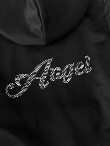 SHEIN Tween Girls Autumn/Winter Casual Street Fashion Slim Fit Cropped Sweatshirt Jacket With Back English Rhinestone Decor, Front Zipper Opening, Suitable For Back To School, Daily Wear, Halloween - Black - View 4