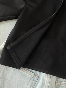 SHEIN Tween Girls Autumn/Winter Casual Street Fashion Slim Fit Cropped Sweatshirt Jacket With Back English Rhinestone Decor, Front Zipper Opening, Suitable For Back To School, Daily Wear, Halloween - Black - View 7