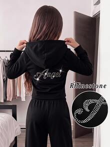 SHEIN Tween Girls Autumn/Winter Casual Street Fashion Slim Fit Cropped Sweatshirt Jacket With Back English Rhinestone Decor, Front Zipper Opening, Suitable For Back To School, Daily Wear, Halloween - Black - View 3