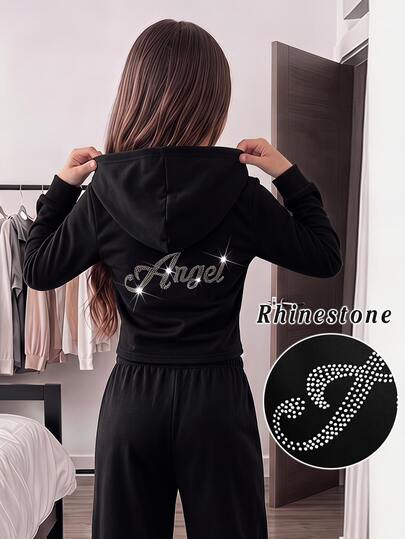 SHEIN Tween Girls Autumn/Winter Casual Street Fashion Slim Fit Cropped Sweatshirt Jacket With Back English Rhinestone Decor, Front Zipper Opening, Suitable For Back To School, Daily Wear, Halloween