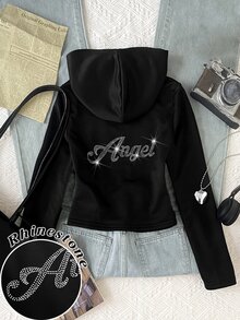 SHEIN Tween Girls Autumn/Winter Casual Street Fashion Slim Fit Cropped Sweatshirt Jacket With Back English Rhinestone Decor, Front Zipper Opening, Suitable For Back To School, Daily Wear, Halloween - Black - View 5