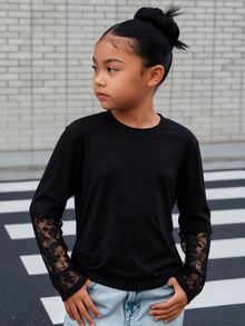SHEIN 青少年女孩黑色T恤 心形領口 抽褶腰部遮肚 喇叭長袖修飾手臂 度假 正式 秋季 休閒 優雅 - 黑色 - 查看 3