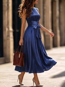 Editum Women's Solid Color Round Neck Pocket Waist Knot Sleeveless Elegant Mature Long Dress Party Night Dinner Navy Blue - Navy Blue - View 5