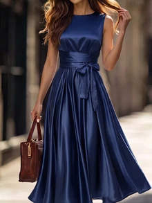 Editum Women's Solid Color Round Neck Pocket Waist Knot Sleeveless Elegant Mature Long Dress Party Night Dinner Navy Blue - Navy Blue - View 6