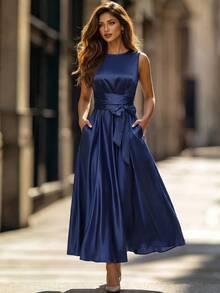 Editum Women's Solid Color Round Neck Pocket Waist Knot Sleeveless Elegant Mature Long Dress Party Night Dinner Navy Blue - Navy Blue - View 7