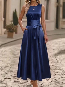 Editum Women's Solid Color Round Neck Pocket Waist Knot Sleeveless Elegant Mature Long Dress Party Night Dinner Navy Blue - Navy Blue - View 8