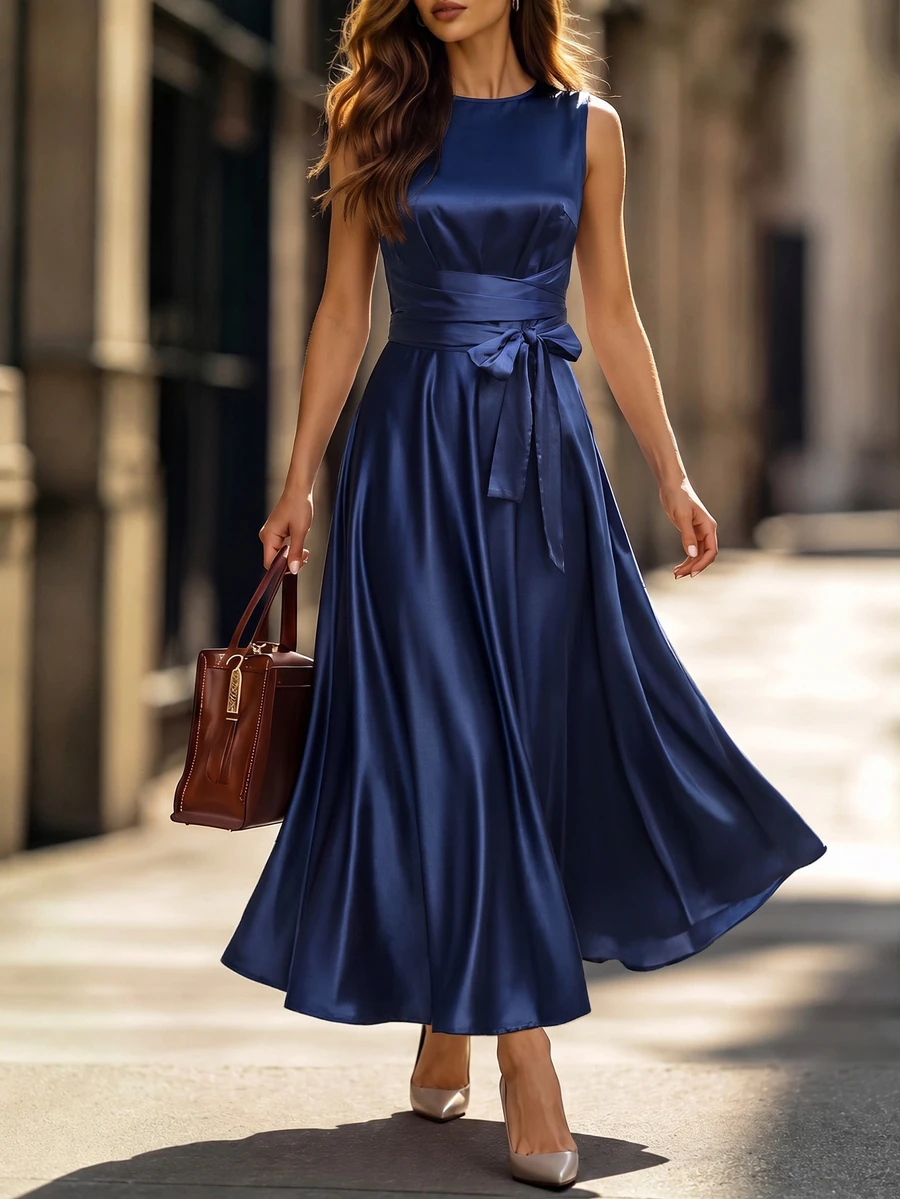 Editum Women's Solid Color Round Neck Pocket Waist Knot Sleeveless Elegant Mature Long Dress Party Night Dinner Navy Blue - Navy Blue - View 1