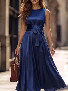 Editum Women's Solid Color Round Neck Pocket Waist Knot Sleeveless Elegant Mature Long Dress Party Night Dinner Navy Blue - Navy Blue - View 4