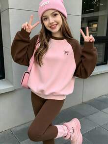 (1套) 青少年女孩秋冬休閒清新簡約粉色與棕色蝴蝶結圖案圓領衛衣搭配內搭褲 - 彩色 - 查看 3