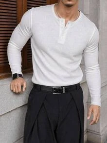 HIMLAND Men's Casual Versatile White Long Sleeve T-Shirt - White - View 1