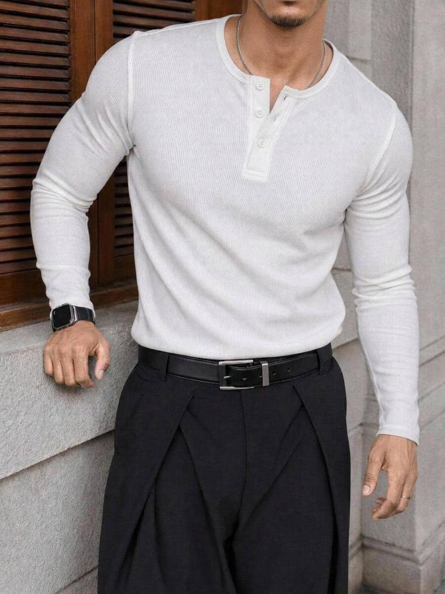HIMLAND Men's Casual Versatile White Long Sleeve T-Shirt - White - View 1