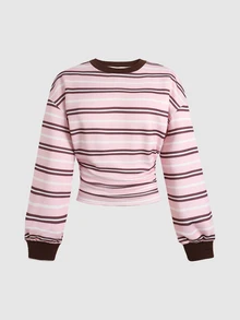 SHEIN Teen Girl Teen Girl Autumn/Winter Casual Fashion Retro Collegiate Colorful Striped Print Waist-Fitted Ruched Pullover Sweatshirt - Pink - View 2
