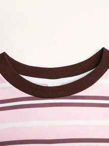 SHEIN Teen Girl Teen Girl Autumn/Winter Casual Fashion Retro Collegiate Colorful Striped Print Waist-Fitted Ruched Pullover Sweatshirt - Pink - View 6