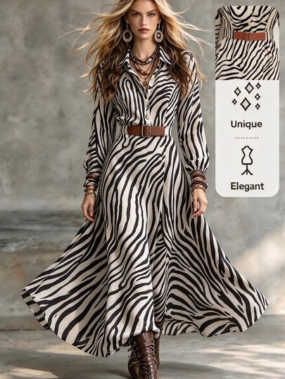 SHEIN Women's Zebra Print Collared Single-Breasted Leather Strap Buckle Waisted A Lined Long Sleeve Dress Elegant Commute Date Street Casual White Black