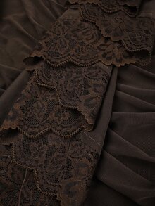 SHEIN Glamour Women Strapless Sweetheart Neck Ruched Mesh Dress, Lace Ruffle Detail Bodycon Long Dress, Fall Formal Evening Gown For Wedding Guest Halloween - Brown - View 7