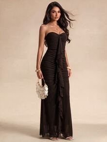 SHEIN Glamour Women Strapless Sweetheart Neck Ruched Mesh Dress, Lace Ruffle Detail Bodycon Long Dress, Fall Formal Evening Gown For Wedding Guest Halloween - Brown - View 12