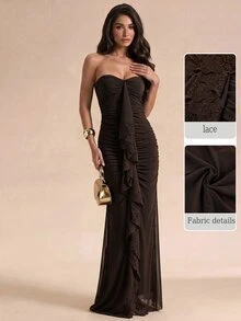 SHEIN Glamour Women Strapless Sweetheart Neck Ruched Mesh Dress, Lace Ruffle Detail Bodycon Long Dress, Fall Formal Evening Gown For Wedding Guest Halloween - Brown - View 9