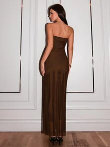 SHEIN Glamour Women Strapless Sweetheart Neck Ruched Mesh Dress, Lace Ruffle Detail Bodycon Long Dress, Fall Formal Evening Gown For Wedding Guest Halloween - Brown - View 4