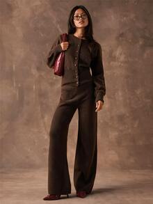 SHEIN BAE Setelan Kardigan Rajut Lengan Panjang Kancing Tunggal dan Celana Rajut Warna Polos Kasual untuk Wanita - Coffee Brown - View 7