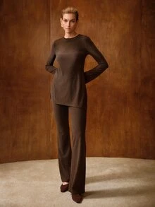 MOTF PREMIUM WOMEN'S GRAY SIDE SLIT LONG SLEEVE TOP AND PANTS SET - Coffee Brown - View 4