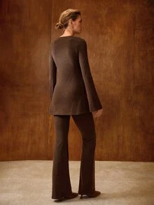 MOTF PREMIUM WOMEN'S GRAY SIDE SLIT LONG SLEEVE TOP AND PANTS SET - Coffee Brown - View 3