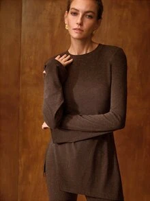 MOTF PREMIUM WOMEN'S GRAY SIDE SLIT LONG SLEEVE TOP AND PANTS SET - Coffee Brown - View 1
