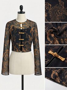 EastFlair Plus Size Women's Vintage Street Style Frog Button Long Sleeve Top Fall - Multicolor - View 10