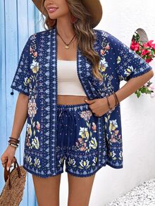 Vivid Eden Women's Floral Print Short Sleeve Jacket And Shorts 2 Pieces Set - Navy Blue - View 5