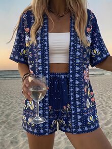 Vivid Eden Women's Floral Print Short Sleeve Jacket And Shorts 2 Pieces Set - Navy Blue - View 10