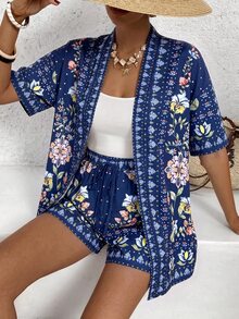 Vivid Eden Women's Floral Print Short Sleeve Jacket And Shorts 2 Pieces Set - Navy Blue - View 4