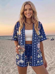 Vivid Eden Women's Floral Print Short Sleeve Jacket And Shorts 2 Pieces Set - Navy Blue - View 1
