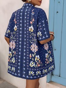 Vivid Eden Women's Floral Print Short Sleeve Jacket And Shorts 2 Pieces Set - Navy Blue - View 2