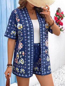 Vivid Eden Women's Floral Print Short Sleeve Jacket And Shorts 2 Pieces Set - Navy Blue - View 6