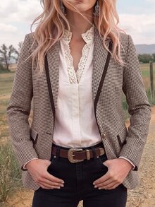Wildy BOHO Casual Western Country Nomad Women's Autumn/Winter Outfit, Plaid Colorblock Blazer Jacket For Outings And Commuting - Coffee Brown - View 4