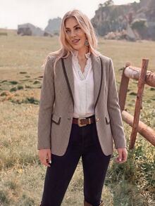 Wildy BOHO Casual Western Country Nomad Women's Autumn/Winter Outfit, Plaid Colorblock Blazer Jacket For Outings And Commuting - Coffee Brown - View 5