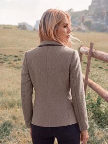 Wildy BOHO Casual Western Country Nomad Women's Autumn/Winter Outfit, Plaid Colorblock Blazer Jacket For Outings And Commuting - Coffee Brown - View 2